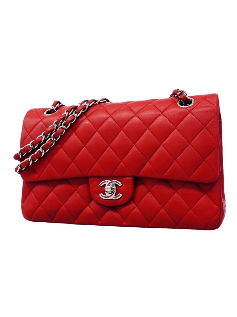 Chanel Shoulder Bag Quilted Lambskin Red Silver
